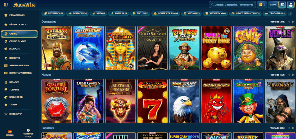 Selección de Juegos en AquaWin Casino