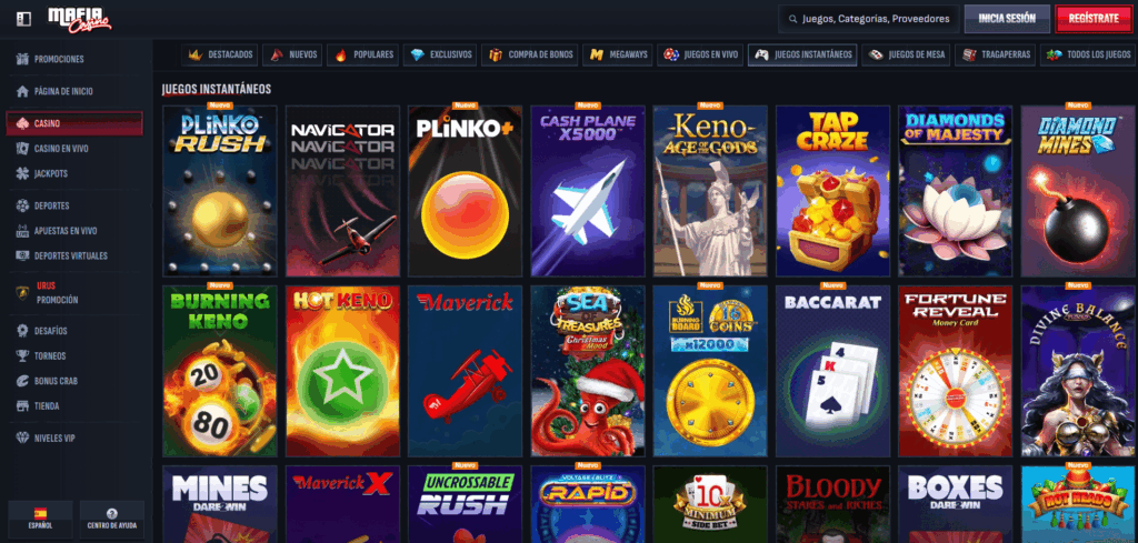 Selección de Juegos en Mafia Casino