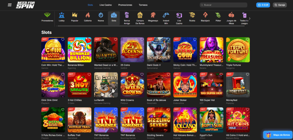 Selección de Juegos en NeedForSpin Casino